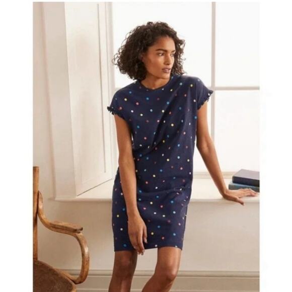 Boden Faye Navy Blue Ruffle Trim Multi Colored Polka Dot T Shirt Dress 12R J0900 - Picture 13 of 13